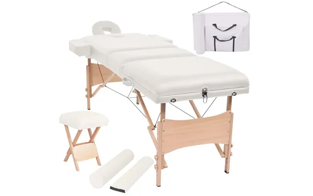 Foldbart Massagebord Med Skammel - 3 Zoner, 10 Cm Polstring, Hvid