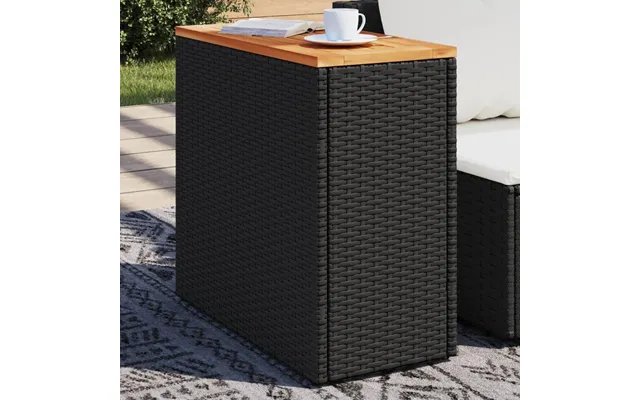 Havesidebord I Polyrattan Med Træplade - Sort 58 × 27,5 × 55 Cm