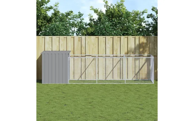 Hundehus Med Løbegård 110×405×110 Cm - Galvaniseret Stål, Lysegrå
