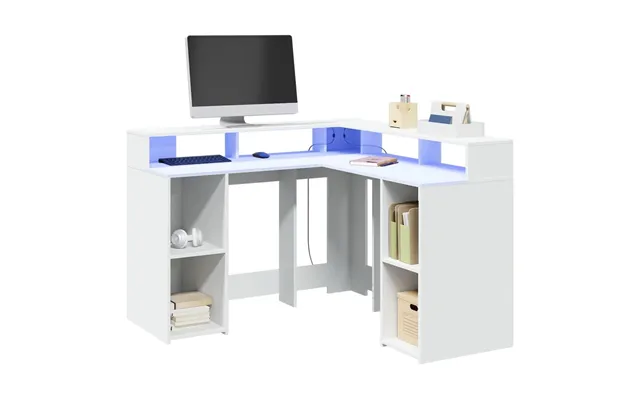 L-formet Skrivebord Med Led-lys 130 × 130 × 91 Cm - Hvid, Konstrueret Træ