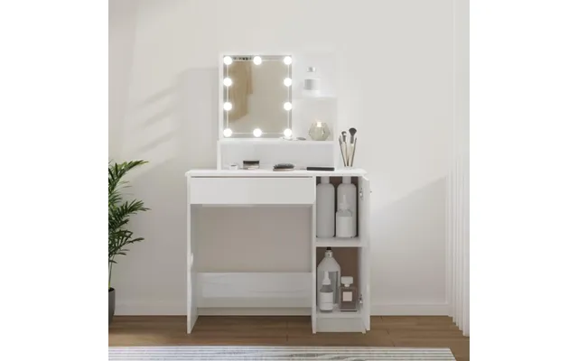 Makeupbord Med Led-lys 86,5x35x136 Cm Hvid Højglans