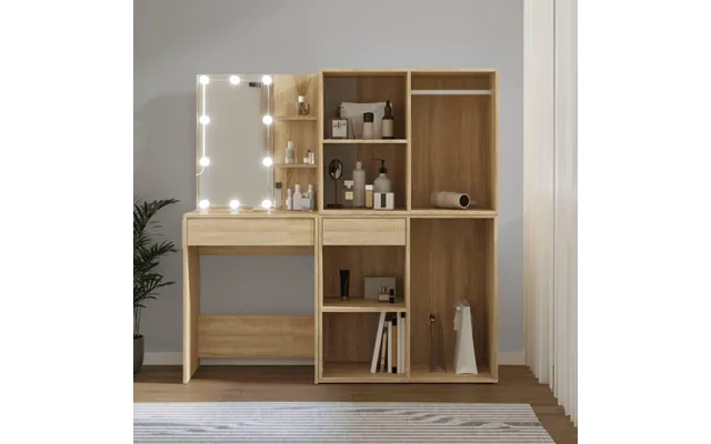 Makeupbord Med Led-lys Og 2 Skabe - Konstrueret Træ I Sonoma-eg