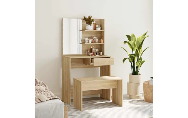 Makeupbord Med Skammel Og Spejl - Sonoma-eg 74,5×40×141 Cm