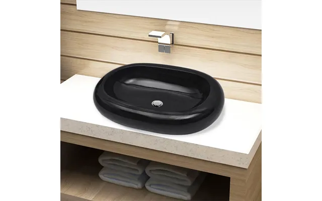 Oval Håndvask I Keramik - Sort Bordplademodel 63×42 Cm