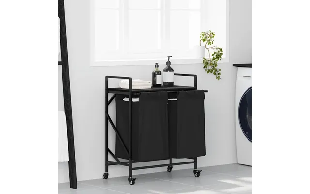 Vasketøjskurv Med 2 Rum Og Hjul - Sort Med Hylde I Sort Egetræsfarve