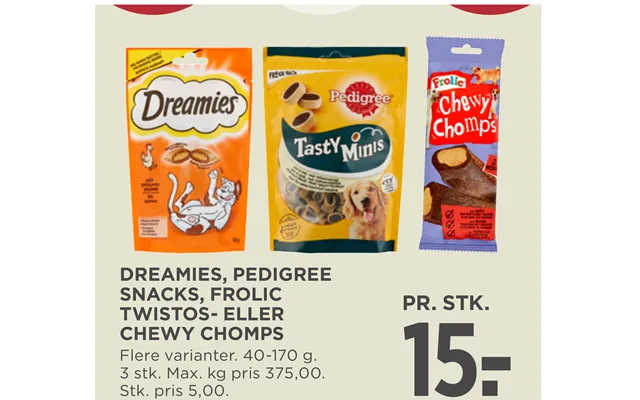 Dreamies, Pedigree Snacks, Frolic Twistos- Eller Chewy Chomps