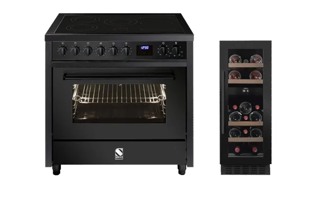 Komfur- Og Vinkøleskabspakke - Steel Enfasi 90 Cm All Black Mquvée Vinkøleskab Til Indbygning