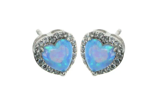 Hjerte - Opal Øreringe Med Blå Opal Sten, 925 Sterling Sølv, Zirkonia & Rhodium Belægning