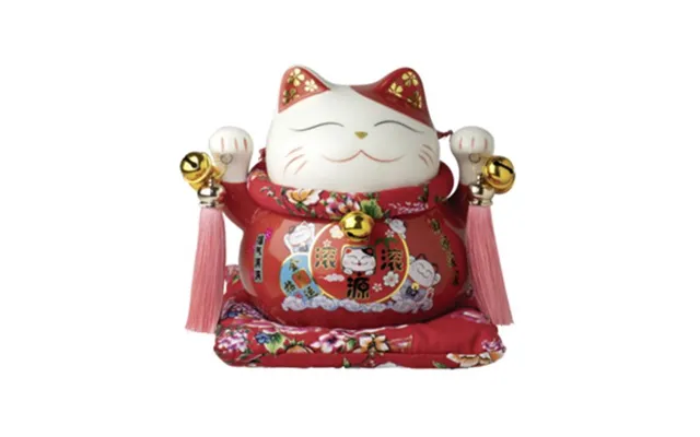 Lykkekat Maneki Neko Pocelæn Rød 14 Cm. - Figurer