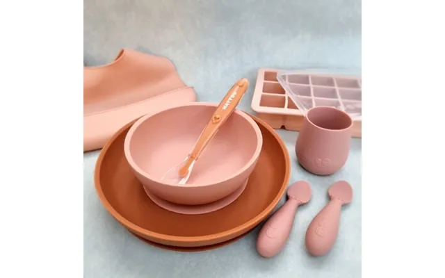 Komplet Baby Spisesæt I Silikone - Pink Brun