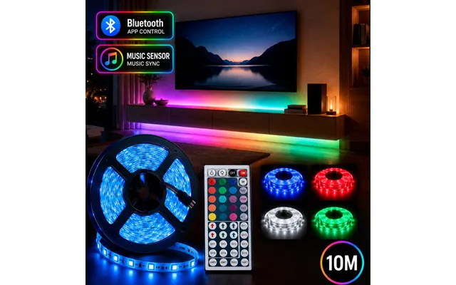 Led Strip Lyskæde 10 Meter M Bluetooth - Musiksensor Og Fjernbetjening