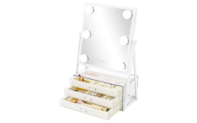 Uniq Glasgow Vanity Makeup Spejl Med 6 Led Pærer Og 3 Opbevaringskuffer Til Smykker - 360 Rotation Og Touch Dimming Funk