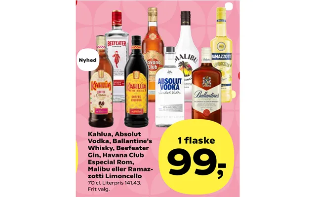 Kahlua, Absolut Vodka, Ballantine's Whisky, Beefeater Gin, Havana Club Especial Rom, Malibu Eller Ramazzotti Limoncello