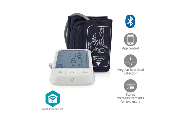 Nedis Smartlife Blodtryksmåler Arm Bluetooth Lcd 22 - 42 Cm Angivelse Af Stilstand Detektion Af Uregelmæssig Hjerterytme