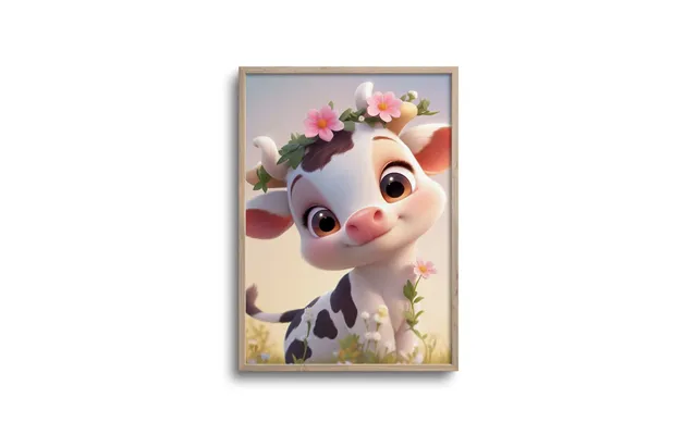 Cute Baby Ko Med Blomsterkrans - Plakat