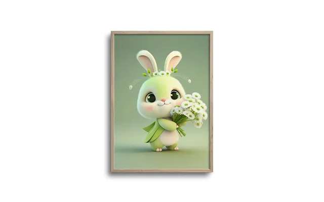 Cute Grøn Baby Kanin Med Blomster - Plakat