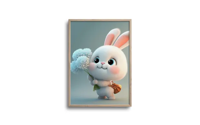 Cute Kanin Med Lyseblå Blomster - Plakat