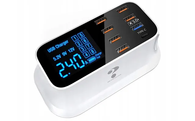 Hurtigoplader Til Mobil Med 7 Usb 1 Usb-c Med Lcd Skærm - 40w