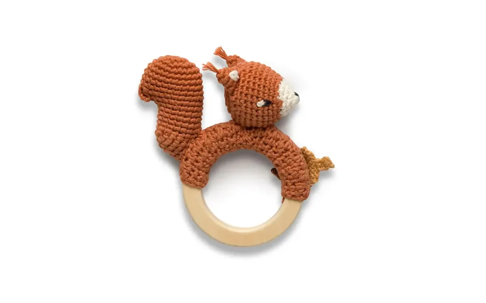 Sebra crocheted rattle on wooden ring the squirrel star