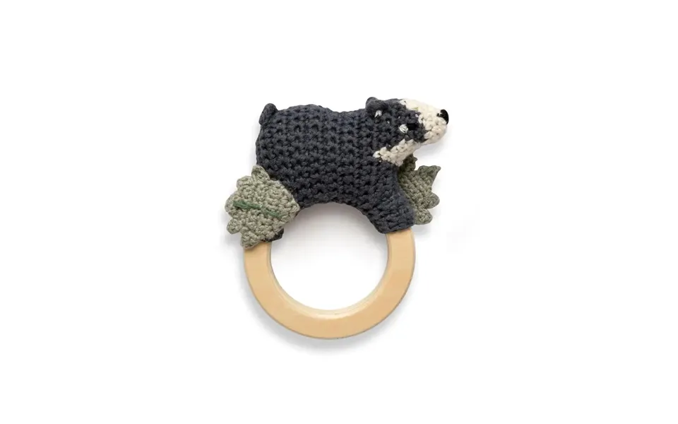 Sebra crocheted rattle on wooden ring badger shadow