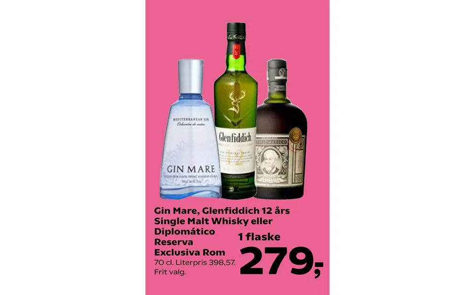 Gin mare, glenfiddich 12 year single malt whiskey or diplomatic reserva exclusiva rom