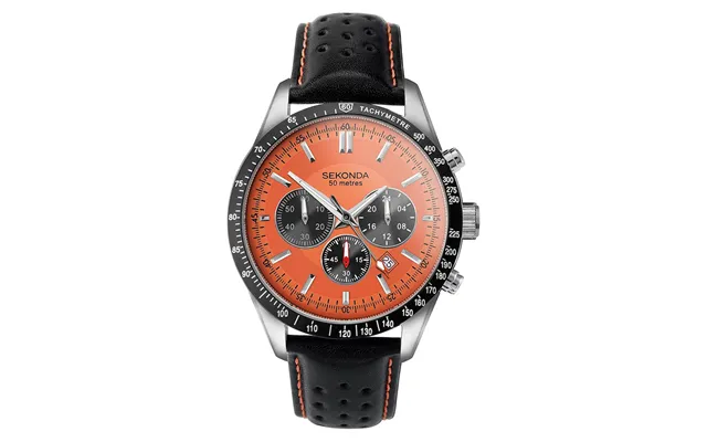 Sekonda Mens Velocity Chronograph Stainless Steel Case & Black Leather Strap With Orange Dial Watch