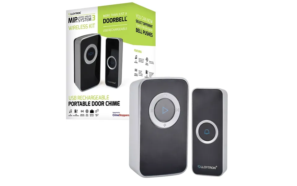 Lloytron Mip3 Wireless Doorbell Kit With Usb Rechargeable Chime Unit - Portable