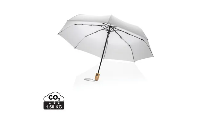 Promotional 21 Impact Aware Rpet 190t Bamboo Auto Open Close Umbrell White Branded With Your Logo