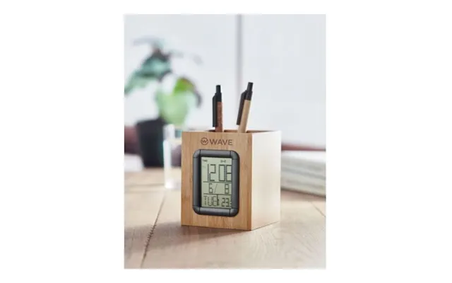 Promotional Bamboo Penholder And Lcd Clock Wood Custom Branded Merch With Logo For Bulk Corporate Gifts