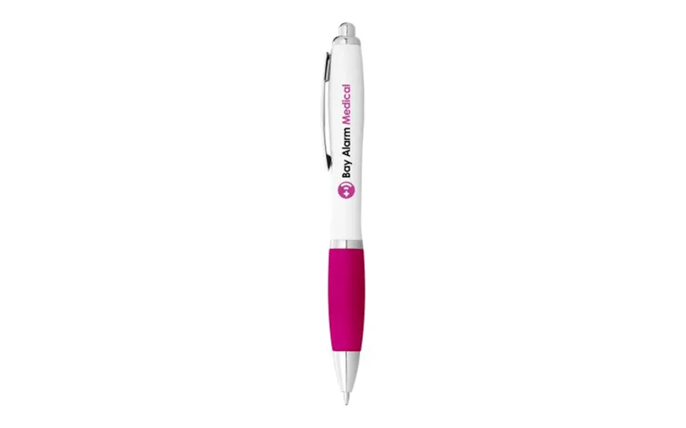 Promotional Black Ink Nash Ballpoint Pen White Barrel & Coloured Grip Transparent-pink Branded With Your Logo