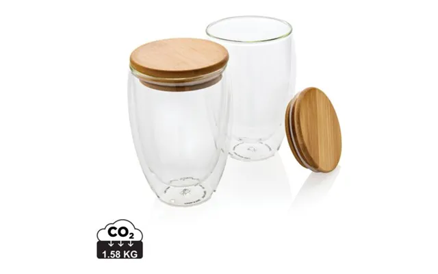 Promotional Double Wall Borosilicate Glass With Bamboo Lid 350ml 2pc Set White Branded With Your Logo