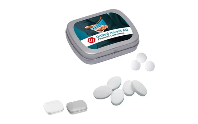 Promotional Mini Tin With Hinged Lid With Peppermint Pastilles White Branded With Your Logo