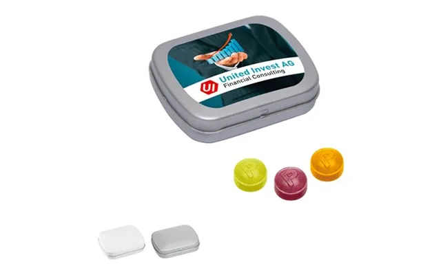 Promotional Mini Tin With Hinged Lid With Pulmoll Pastilles White Branded With Your Logo