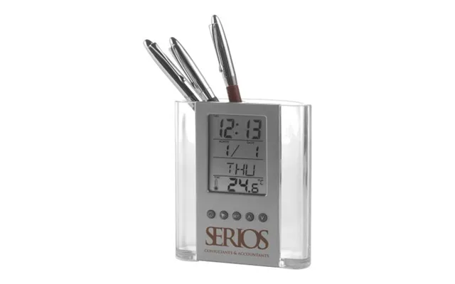 Promotional Pen Holder With Clock Carter - Abs Black Silver Custom Branded Merch With Logo For Bulk Corporate Gifts