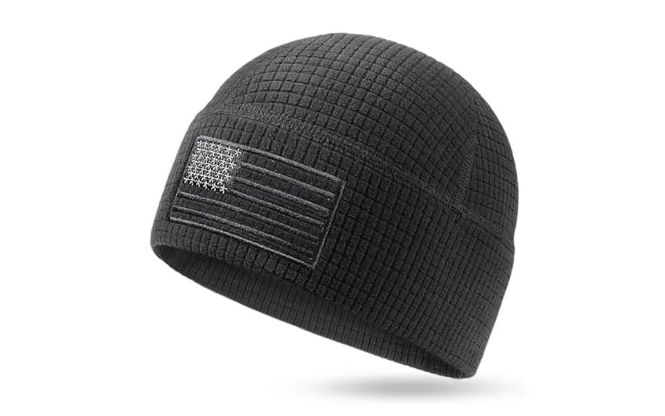 Outdoor Shaping Grid Fleece Beanie With American Flag Embroidery Waffle Tactical Army Military Skull Cap One Size Black