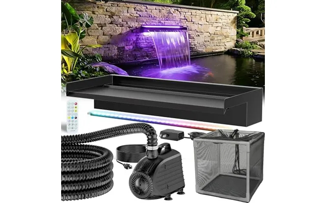 Poposoap Pond Waterfall Kit With 60cm Wide Stainless Steel Spillway 4500 L H Water Pump - Remote Control Led Lights