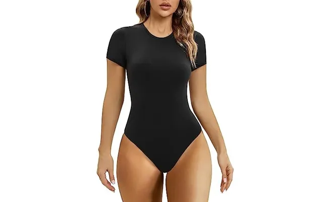 Shaperx Body-hugging Bodysuit For Women Long Sleeve Short Sleeve High Stretch Leotard Top Thong Crew Neck S Black Short  product image
