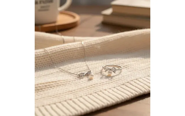 Silver Bow Pearl Necklace & Ring Set Sale