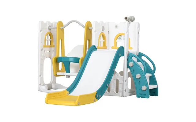 Aiyaplay 6-in-1 Swing And Slide Set, Kids Playground With Basketball Hoop, Telescope, Storage Space - Yellow