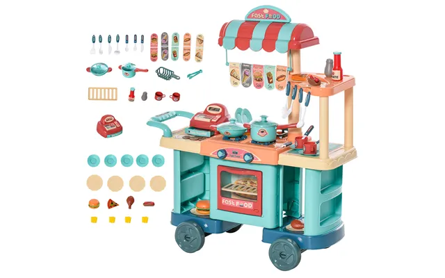 Homcom 50 Pcs Kids Kitchen Play Set Fast Food Trolley Cart Pretend Playset Toys W Money Cash Register Accessories Gift F product image