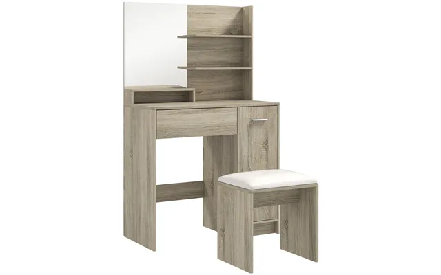 Homcom Dressing Table And Stool Set, With Storage - Natural Wood Finish