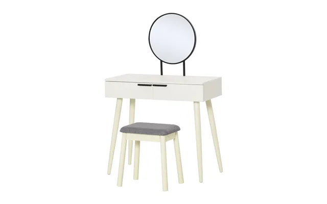 Homcom Dressing Table Set With Round Mirror Vanity Table Set W Makeup Desk - Cushioned Stool