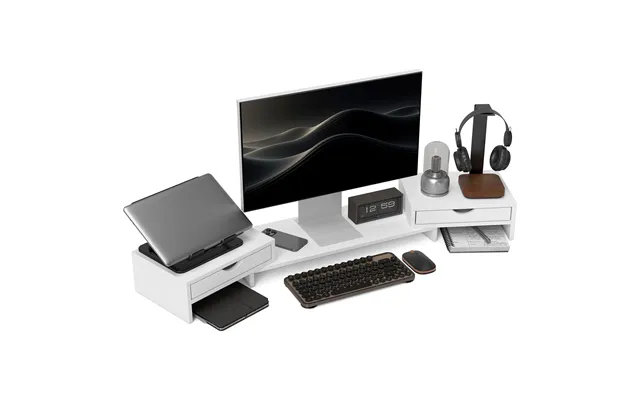 Homcom Dual Monitor Stand Riser With 2 Drawers - Adjustable Length And Angle