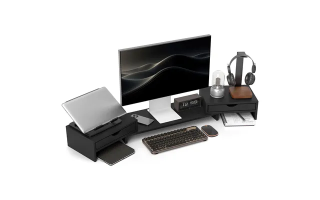 Homcom Dual Monitor Stand Riser With 2 Drawers - Adjustable Length And Angle