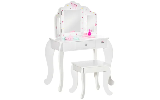 Homcom Kids Vanity Table & Stool Girls Dressing Set Make Up Desk Chair Dresser Play Set With Rotatable Mirrors Drawer St