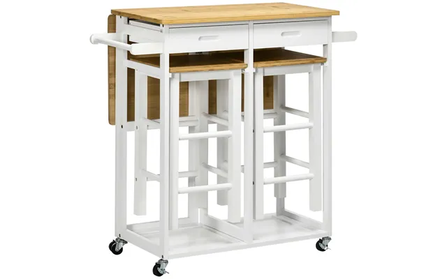 Homcom Kitchen Island Set With 2 Stools - Bamboo Breakfast Cart With Drop Leaf Top