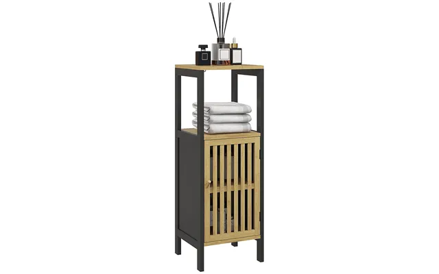 Homcom Slim Bathroom Storage Cabinet - Small Bamboo Bathroom Cabinet With Open Compartment And Adjustable Shelf