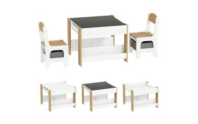 Homcom Three-piece Kids Table And Chair Set With Blackboard, Storage, Bookshelves - Natural Wood