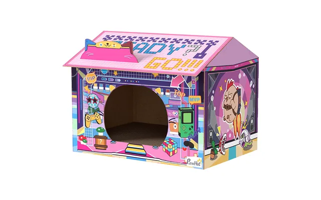 Pawhut 2 In 1 Gaming Style Cardboard Cat House With Scratching Board & Catnip For Indoor Cats - Pink