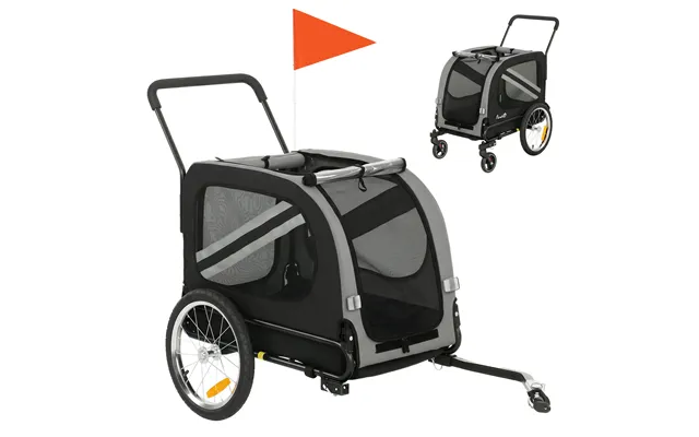 Pawhut 2-in-1 Pet Bike Trailer Dog Stroller Pushchair With Universal Wheel Reflector Flag Grey